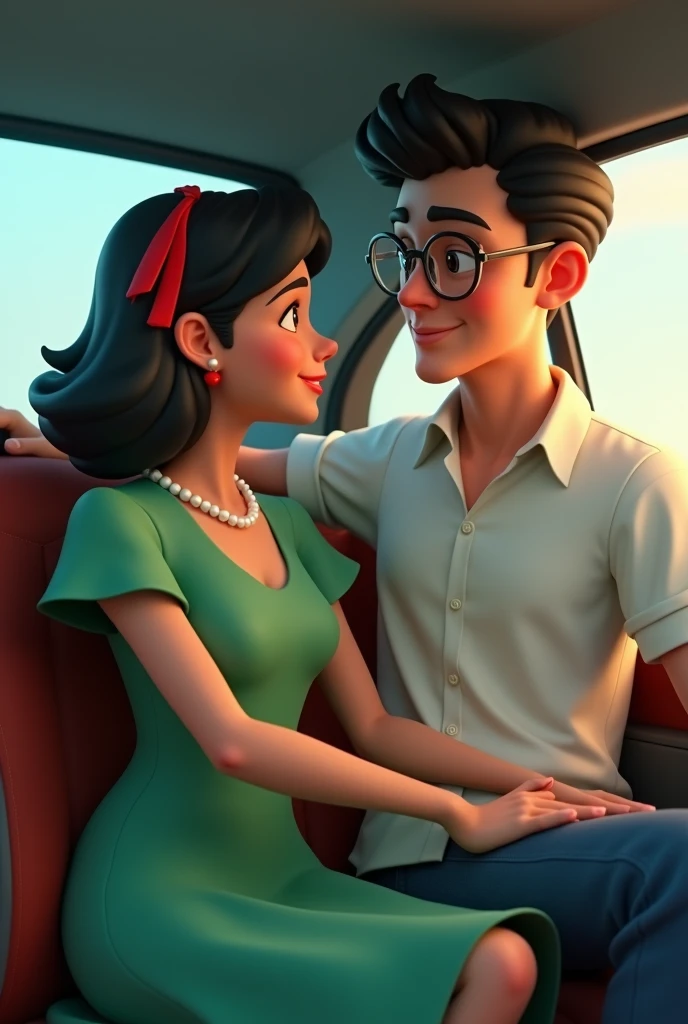 a  with shoulder-length black hair, green dress and a red ribbon in her hair with a man in a white shirt, prescription glasses and jeans inside a car and, 3D cartoon style, cinematic