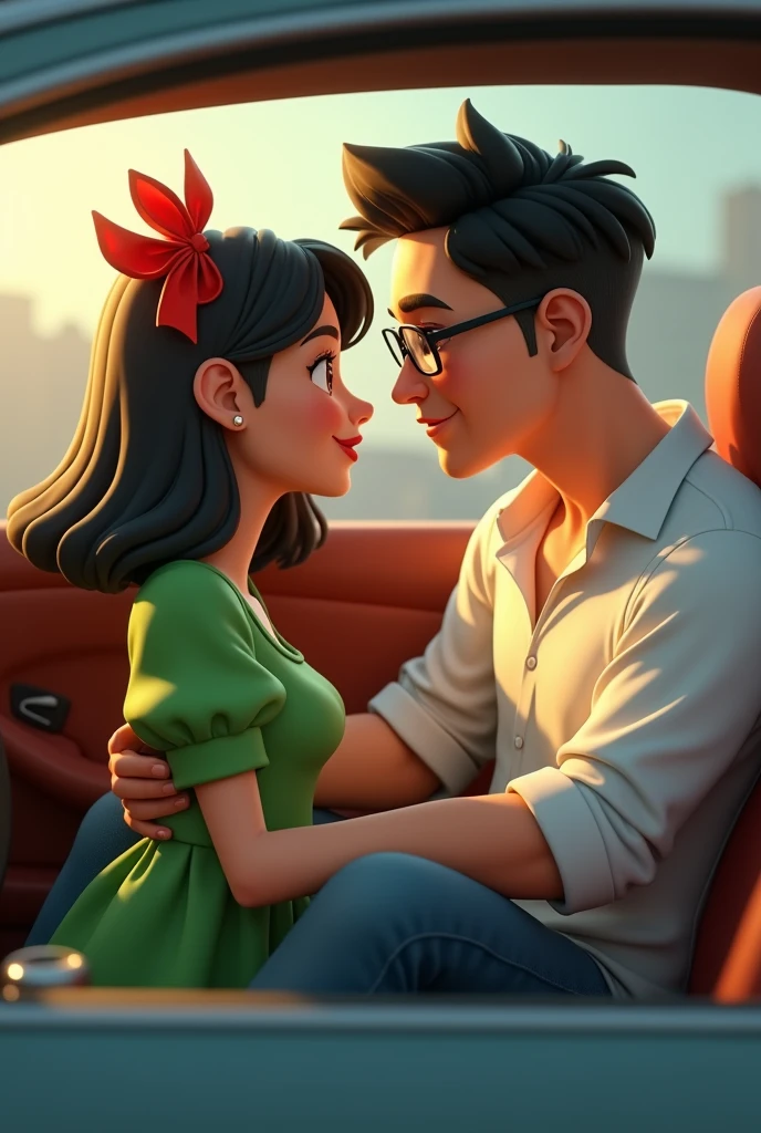 a  with shoulder-length black hair, green dress and a red ribbon in her hair with a man in a white shirt, prescription glasses and jeans inside a car and, 3D cartoon style, cinematic