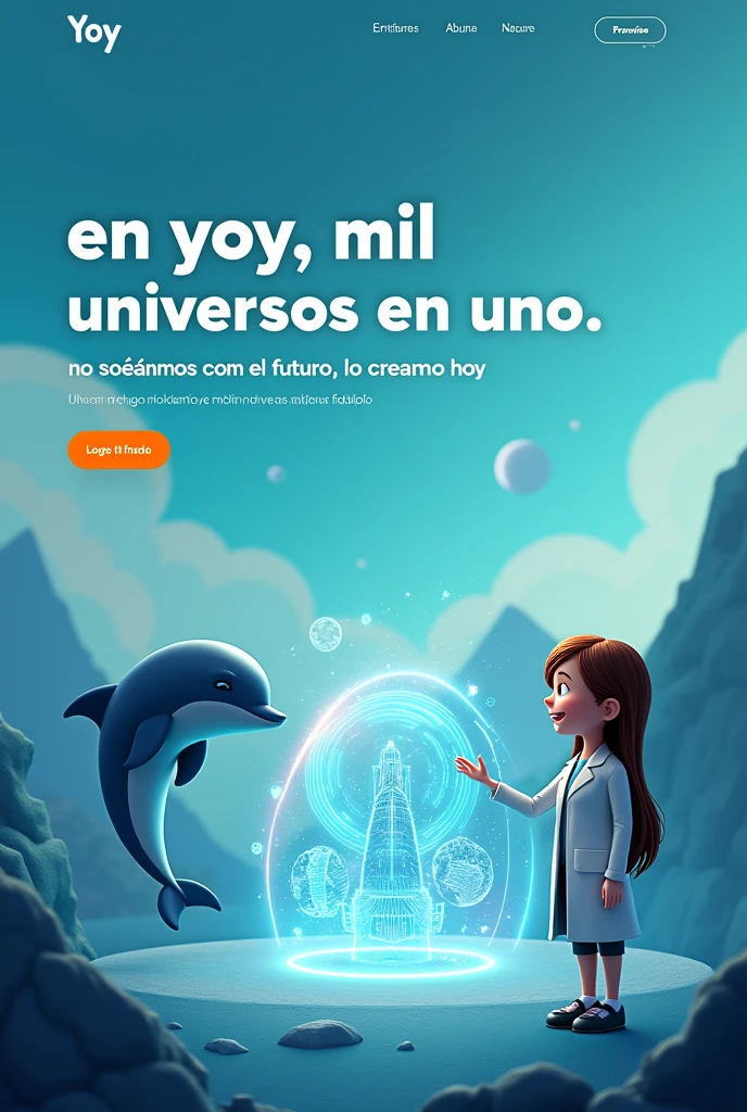 "A homepage design featuring the slogan 'En Yoy, mil universos en uno. No soñamos con el futuro, lo creamos hoy.' The background is celeste (#4594CB) with stylized Andes mountains. Dr. Yoy, a friendly professional figure, and Rodolfo, a futuristic dolphin, interact with dynamic holograms representing multiple universes. White text (#FFFFFF) highlights the slogan, and a vibrant orange (#FF6F00) CTA button is prominently placed. The design is modern, innovative, and engaging."