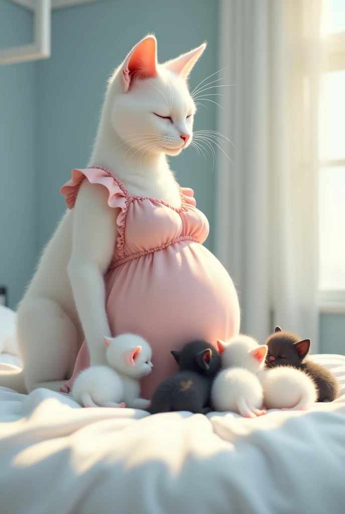 A tall pregnant white cat dressed in pink frock happily watches three white and one black kittens on lying on hospital bed