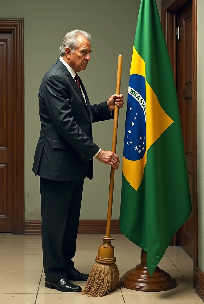 Jânio Quadros cleaning the Brazilian flag with a broom