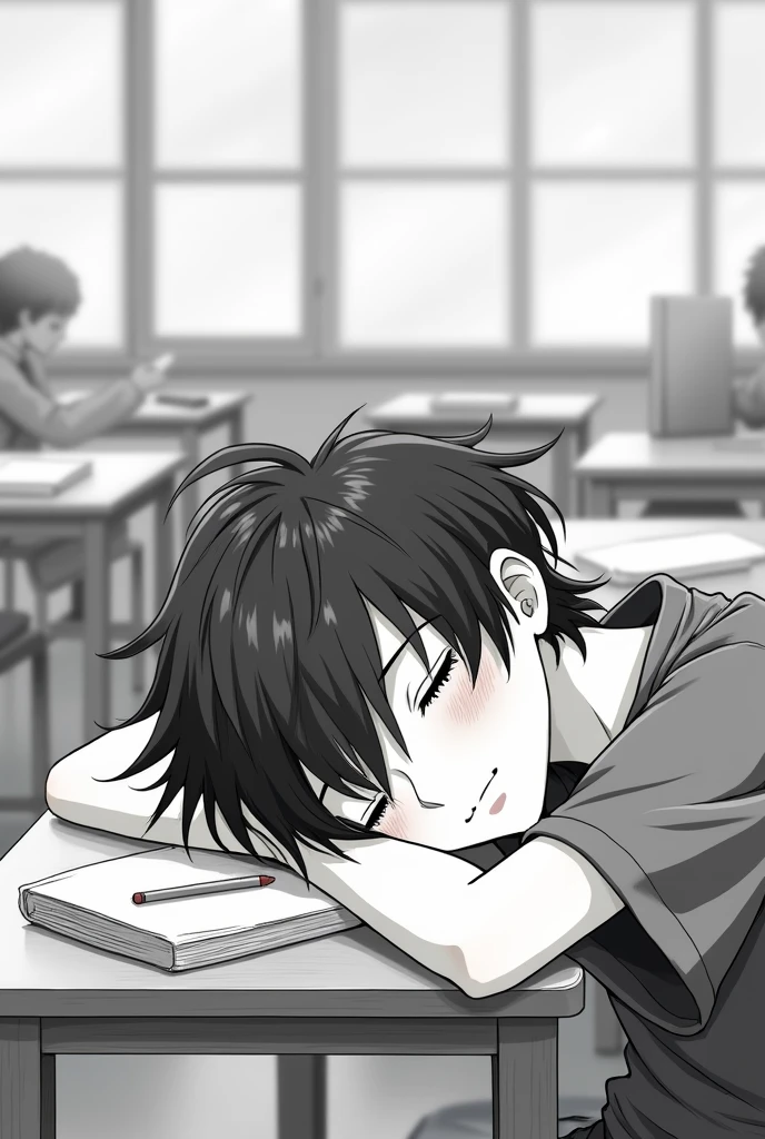 Black and white 2d anime drawing of teenage man sleeping in classroom with hair sticking up 