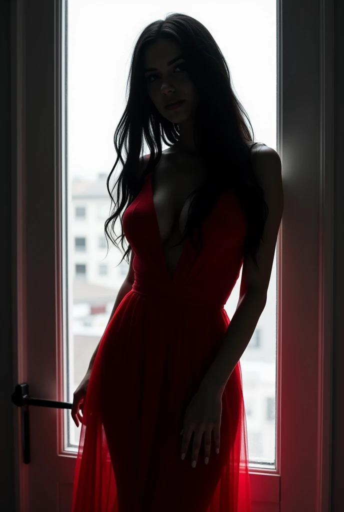 woman, long straight black hair, big bust, red dress, black and white silhouette image, full body, looking at the camera, photorealistic