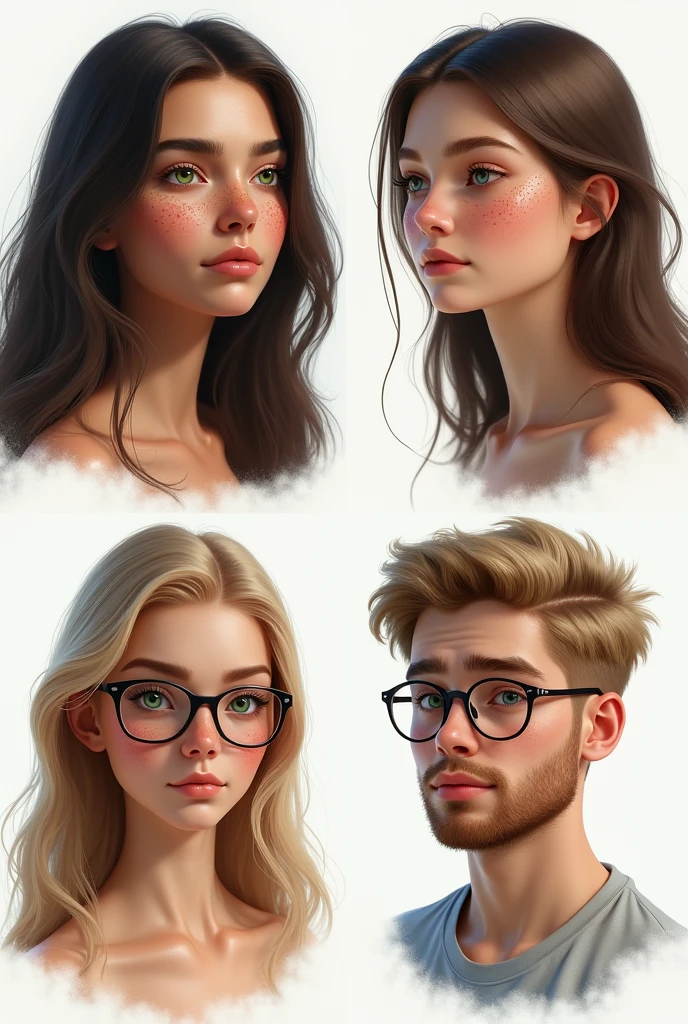 (photorealism:1.5)profile of a beautiful young woman with long dark brown hair, green eyes, and a lot of freckles. another profile of a young woman with long brown hair, brown eyes and some freckles. another profile of a young pretty woman with straight long light blond hair, blue eyes and glasses. The last profile is of a young masculine chubby man with short kind of buzzcut blond hair, blue eyes, glasses and a beard. faces are looking into the camera, pretty small and loosely arranged on a white background 