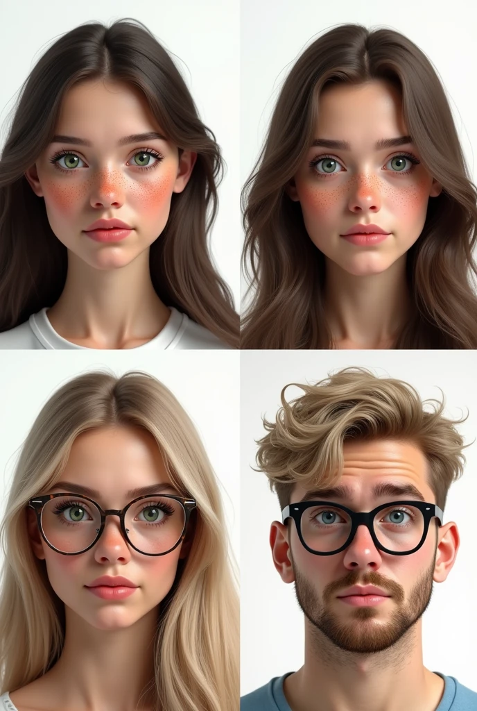 (photorealism:1.5)profile of a beautiful young woman with long dark brown hair, green eyes, and a lot of freckles. another profile of a young woman with long brown hair, brown eyes and some freckles. another profile of a young pretty woman with straight long light blond hair, blue eyes and glasses. The last profile is of a young masculine chubby man with short kind of buzzcut blond hair, blue eyes, glasses and a beard. faces are looking into the camera, pretty small and loosely arranged on a white background