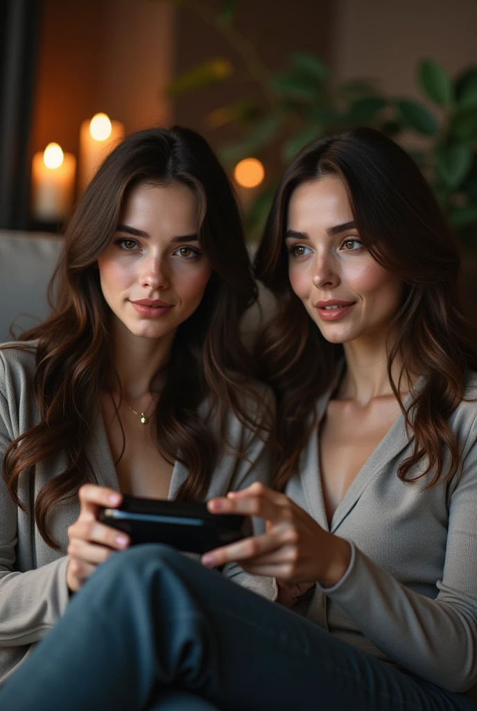 8k, masterpiece, RAW photography, top quality, photorealistic. The focus is on a 2 classy and exciting  woman with symmetrical features, perfect dimples, and delicate, harmonious facial features. Brown hair. Nice nekline, playing video game on a sofa.