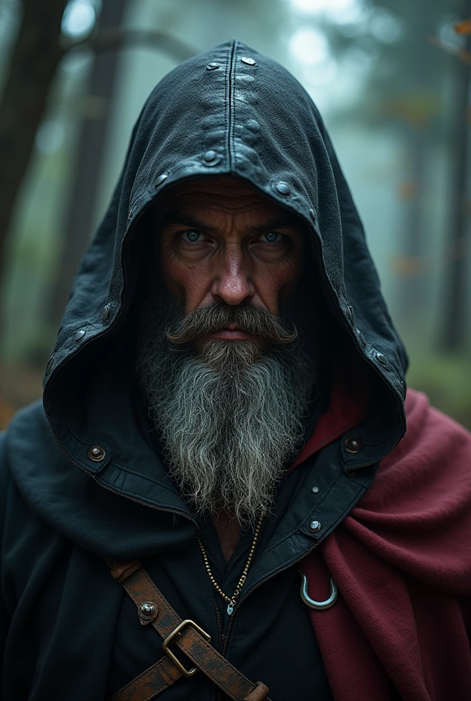Grimdark surreal forest, ultra detailed 3D effect ultra-detailed intricate insanely full HD resolution 4K, bearded mountain man Homeless hooded cloak sinister , close-up portrait, horror, black and red leather cape adventure, epic fantasy, western, wild west, Middle age 