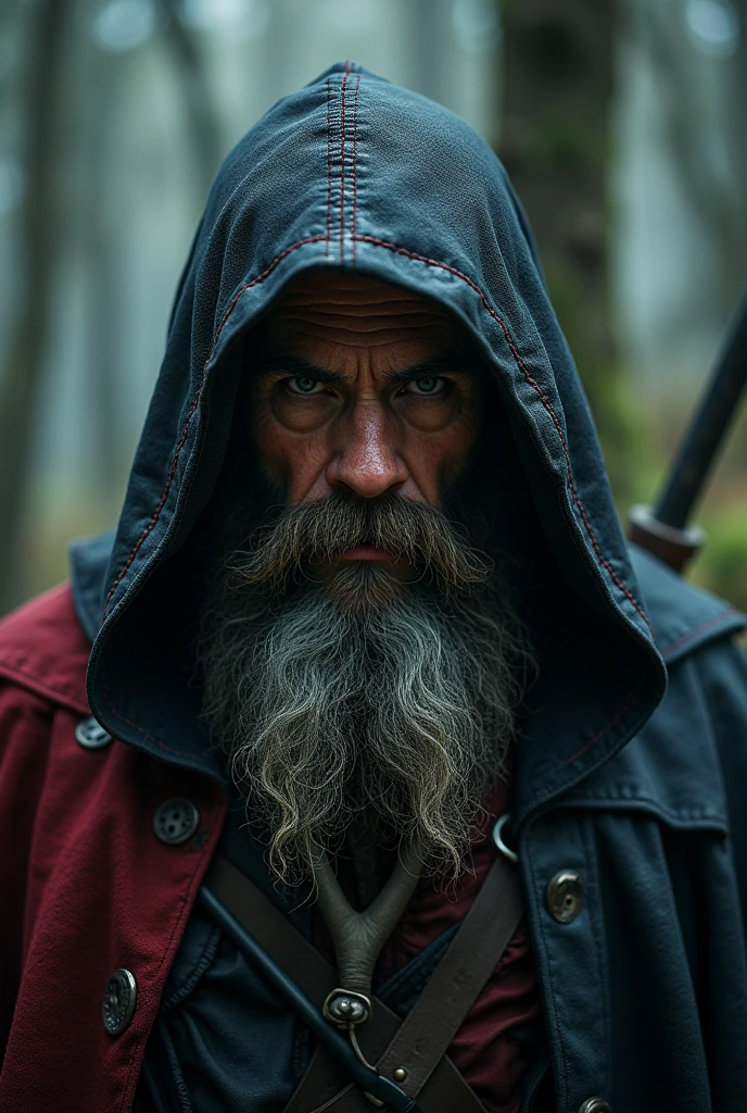 Grimdark surreal forest, ultra detailed 3D effect ultra-detailed intricate insanely full HD resolution 4K, bearded mountain man Homeless hooded cloak sinister , close-up portrait, horror, black and red leather cape adventure, epic fantasy, western, wild west, Middle age