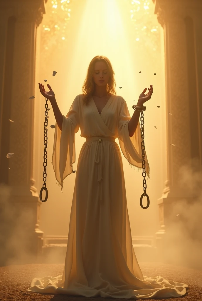 Create a visual of chains breaking apart around a person’s wrists, representing liberation from the bondage of sin. The background features a soft, golden light, symbolizing the newfound freedom and peace through Christ."