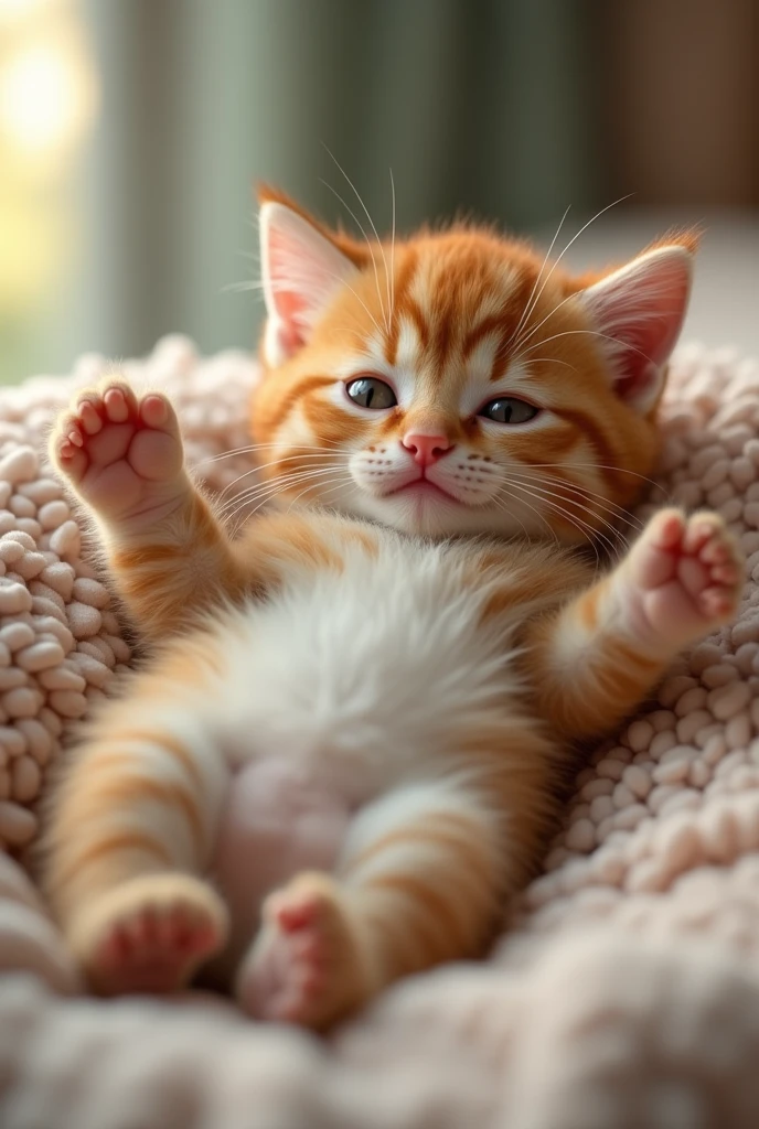 Very cute kitten、Very cunning pose、Lie down and stretch、Lying on your back、Looks sleepy、Full of kittens