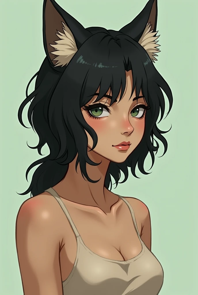 , , 1,83, black hair, kind fox eyes, Light green color, thin and strong, light, slightly tanned skin, draw realistically