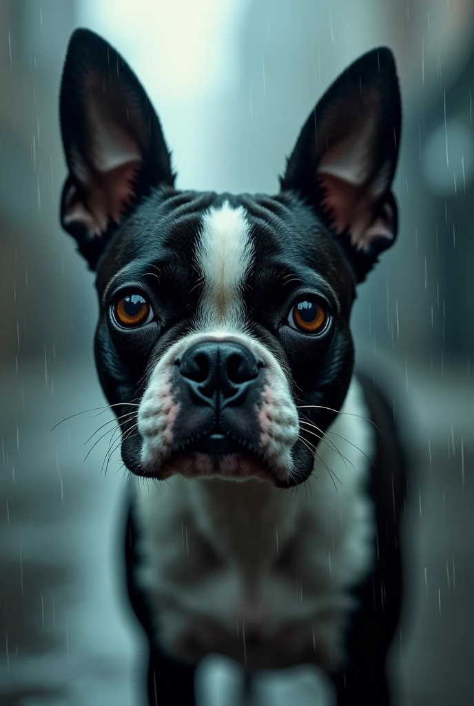 a boston terrier in the rain,detailed dog face,detailed dog eyes,detailed dog nose,detailed dog mouth,rain,wet fur,stormy sky,dark clouds,rainy atmosphere,dramatic lighting,cinematic,muted colors,moody,atmospheric,high quality,8k,hyper realistic,masterpiece,professional photography