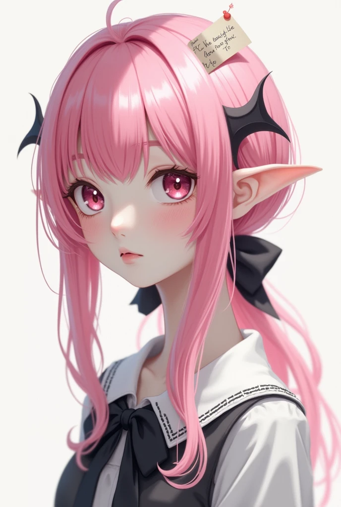 Pink haired girl completely white skin with a bow in her black hair and a little note also in her hair with small devil wings that look more like a drawing