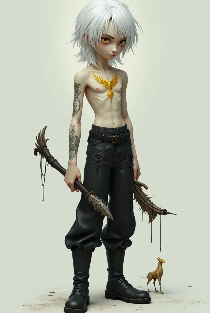 .skinny man, Youngh, medium and white hair, yellow pupils , scar on left eye, with a tattoo of a golden bird on his chest, shirtless and wearing black pants, holding a mythical in his right hand, Black boots, quality 8k.
