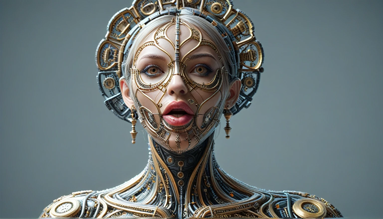 (masterpiece), (great), (Extremely fine), Wallpaper, viewer, Giger, Baroque, ULTRA DEFINED, ultra realistic, transparent, portrait, grotesque, intricate biomechanical details, shout, steampunk, glass, neon, Water