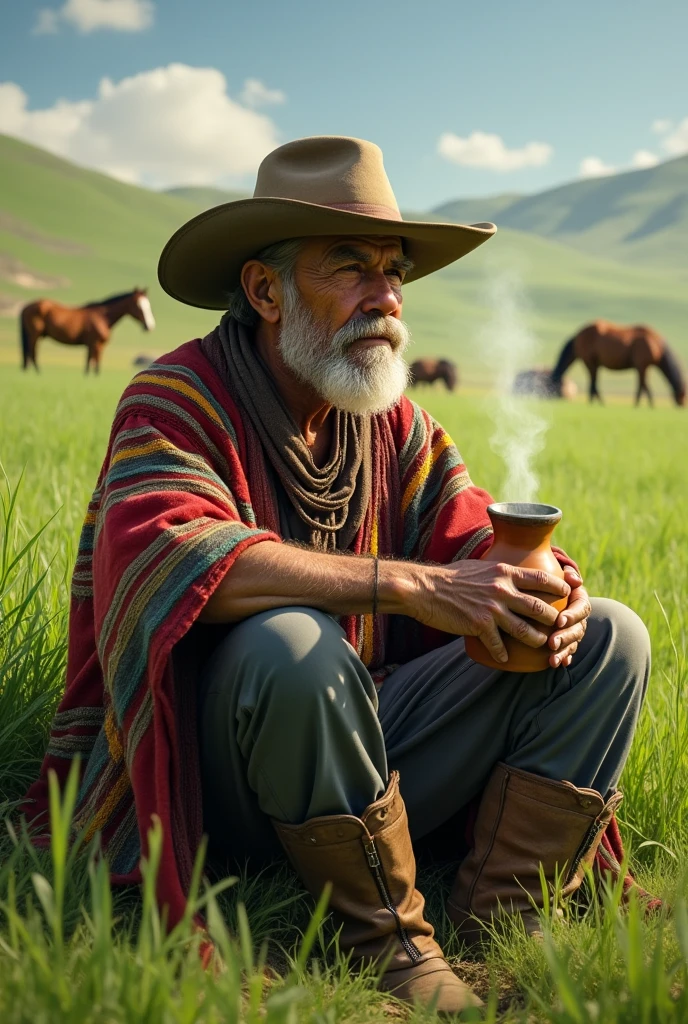 Old gaucho sitting drinking mate in a green field with horses