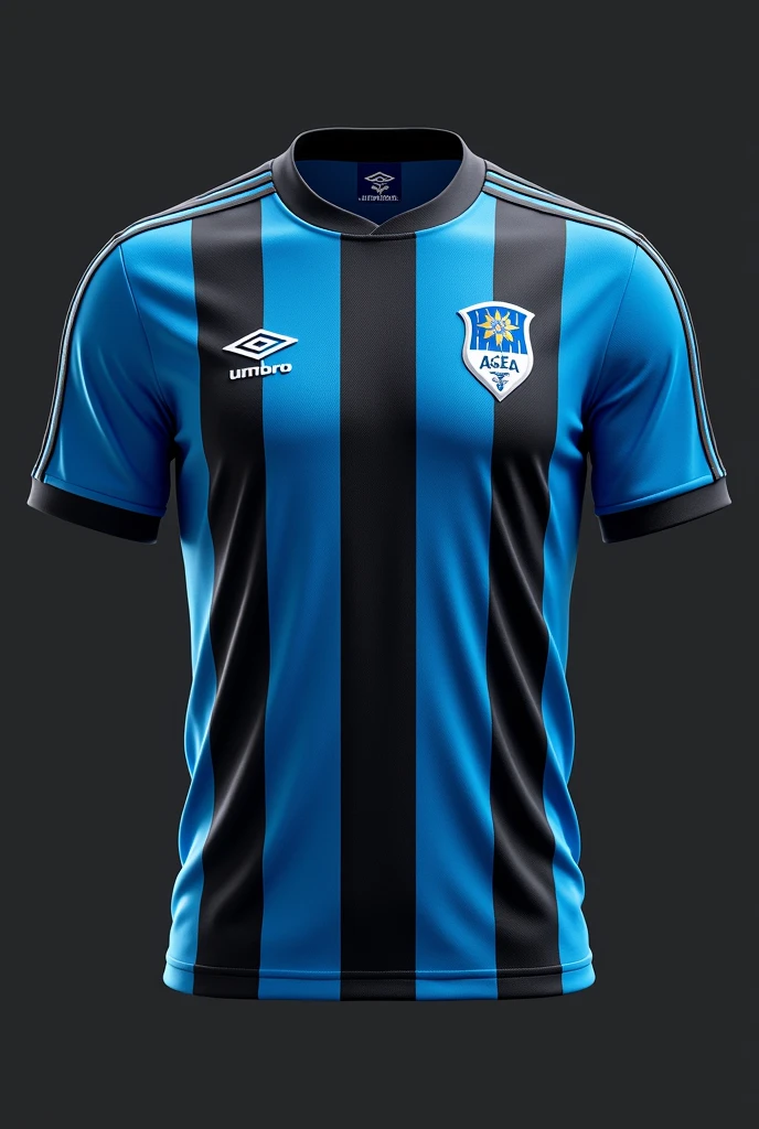 Create an Umbro branded football shirt, of the Grêmio Football Portoalegrense team with sky blue and black stripes and thin white stripes.
