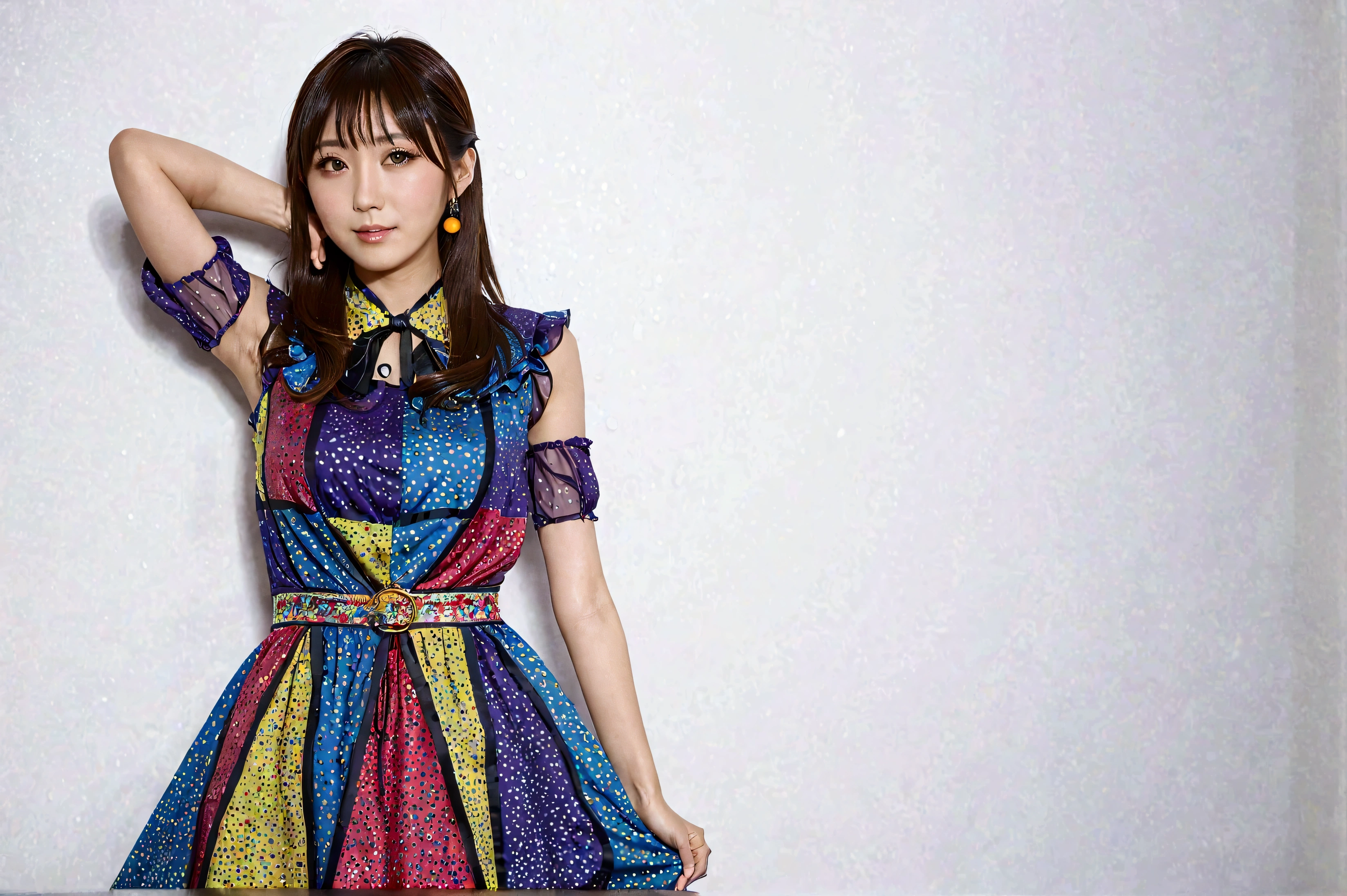 Araffe woman in a colorful dress posing for a photo., Harumi, chiho, Mayuri Shiina, Kimi Takemura, Yukii Morita, official work, vivid), motto hole, shikami, vivid!!, ayami you ima, Yui Kotegawa, it's raining
