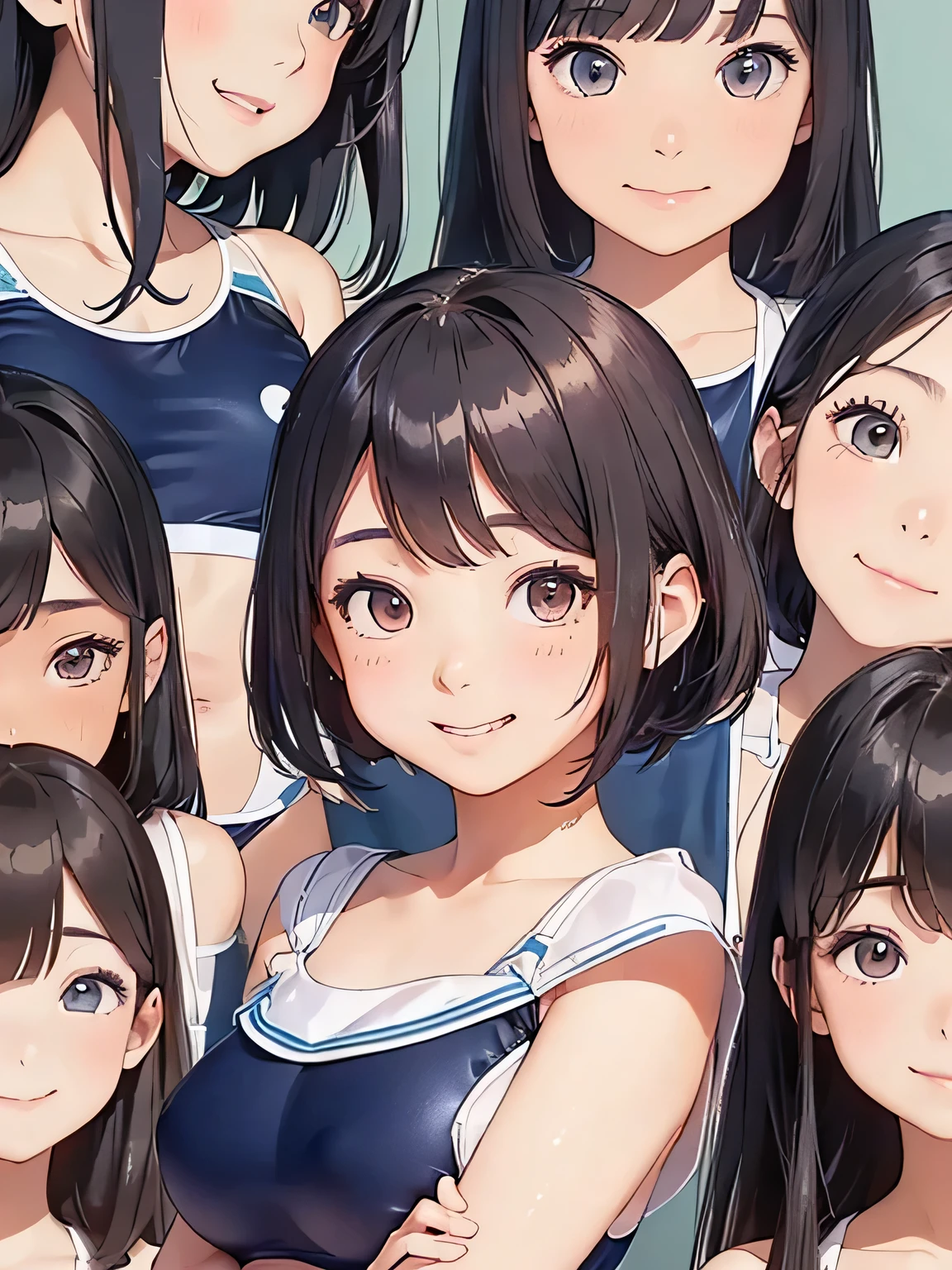 Highest quality、High resolution、Detailed Background、(Beautiful face in every detail:1.4)、Highly detailed face、Detailed eyes、Teenage beauty、(Huge breasts:1.2)、Perfect body line、Bobcut、ponytail、cute hairstyle、A big smile、In a joking manner、smile、Navy school swimsuit、An innocent smile、Cute gestures、(Five girls in school swimsuits taken from below in close-up:1.5)、(Five girls taken from below in close-up:1.5)、
Close up from below、Looking at this with a smile、Swimsuit that glows when wet、My whole body is wet、My hair is wet too、cute