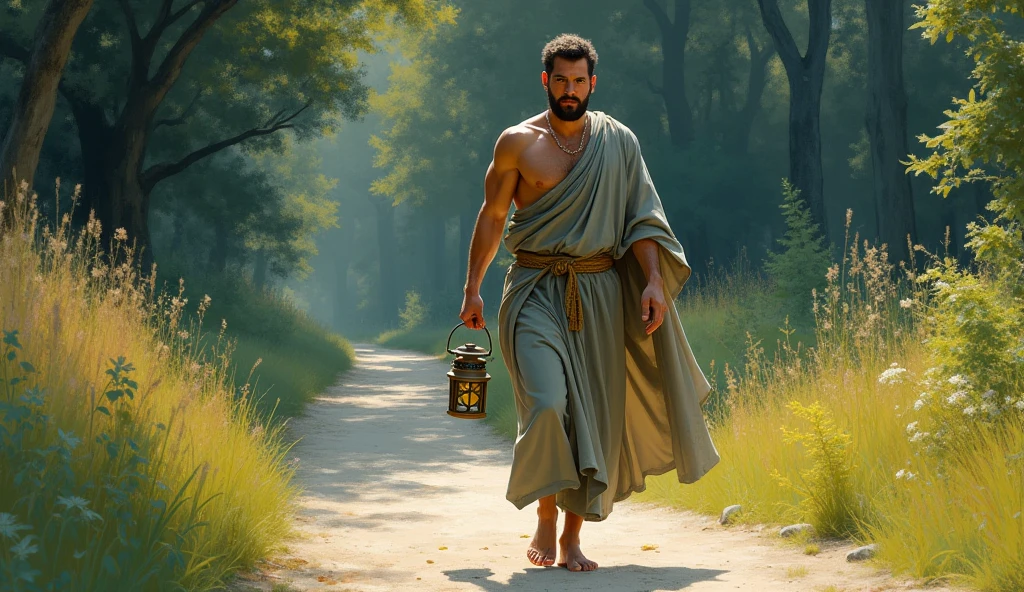 A male Stoic philosopher, around 2, with a well-proportioned and attractive physique, slightly tanned skin, and a short, well-trimmed beard, walks confidently along a clear, bright path, away from a dark and overgrown one. He is dressed in classic tunics of soft earthy tones—gray and olive green—with subtle gold or copper details, gently draping over his body, with one shoulder exposed. His expression is calm, determined, and subtly seductive as he carries a small lantern, symbolizing wisdom guiding his journey. The environment around him is harmonious and balanced, reflecting the peace that comes from practicing selective forgiveness. The scene is painted in an impressionist style, with dramatic brushstrokes capturing the harmonious surroundings and the philosopher’s peaceful and purposeful demeanor.