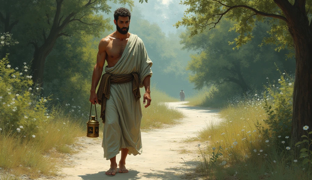 A male Stoic philosopher, around 2, with a well-proportioned and attractive physique, slightly tanned skin, and a short, well-trimmed beard, walks confidently along a clear, bright path, away from a dark and overgrown one. He is dressed in classic tunics of soft earthy tones—gray and olive green—with subtle gold or copper details, gently draping over his body, with one shoulder exposed. His expression is calm, determined, and subtly seductive as he carries a small lantern, symbolizing wisdom guiding his journey. The environment around him is harmonious and balanced, reflecting the peace that comes from practicing selective forgiveness. The scene is painted in an impressionist style, with dramatic brushstrokes capturing the harmonious surroundings and the philosopher’s peaceful and purposeful demeanor.