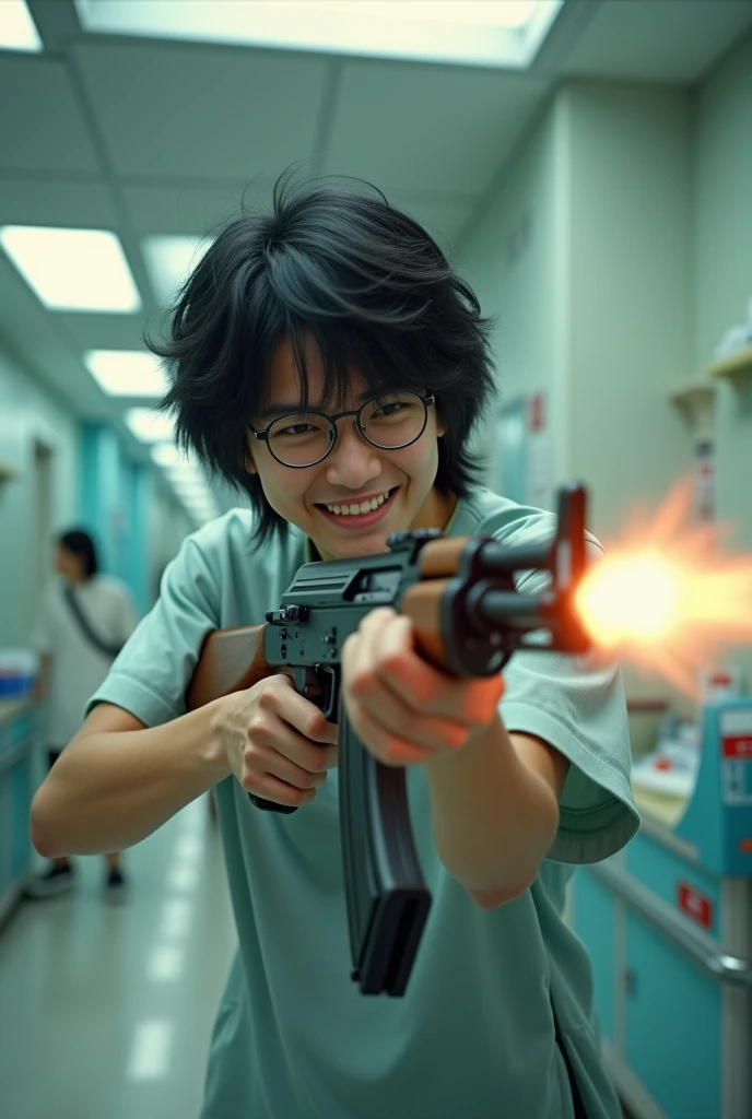 male 30 years old Japanese Perm Hair Smiling while firing an AK47 in the hospital