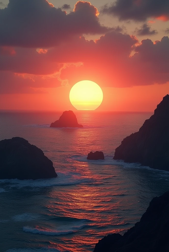 Alien seascape with sun rising over the horizon