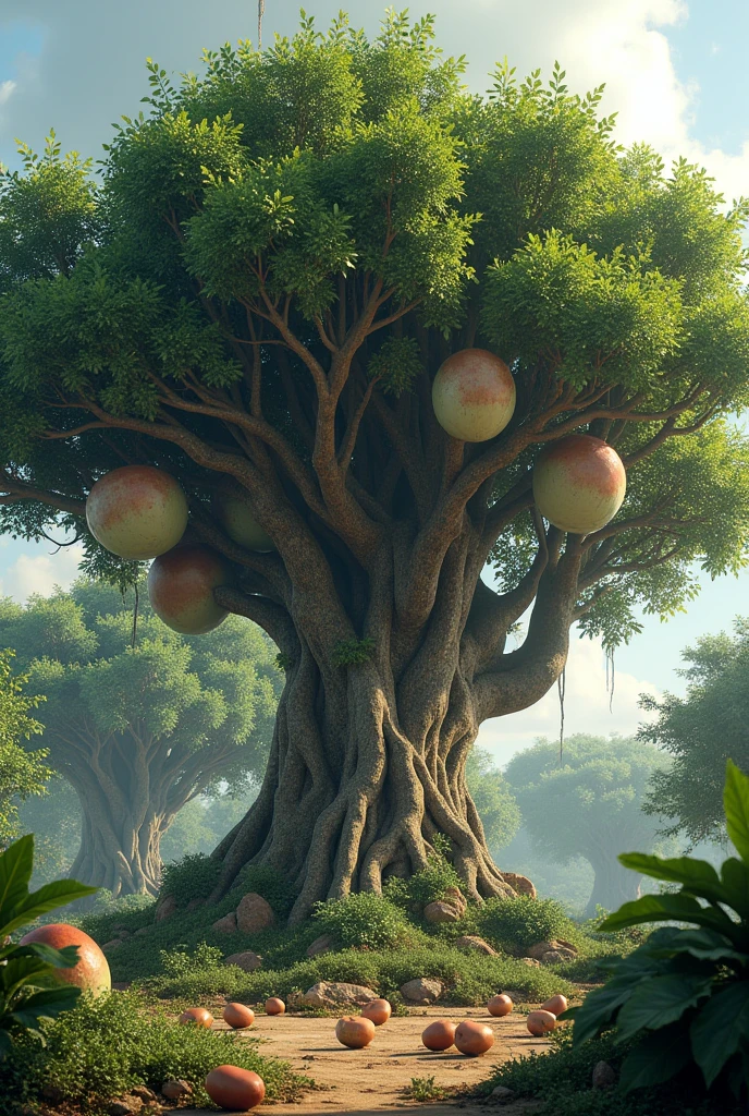 A realistic huge cashew tree,with several huge galls with leaves and several cashews