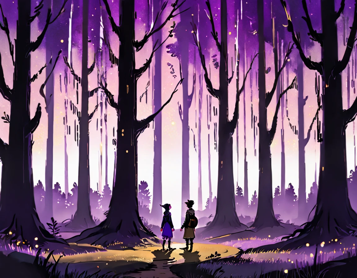 score_9, score_8_up, score_7_up, score_6_up, score_5_up, score_4_up, By Samara03, a person standing in a magical forest during night, ethereal, long shot, glowing purple and golden particles, cartoonish artstyle, dreamy, surreal, detailed, trippy, beautiful, starry night, otherworldly.
