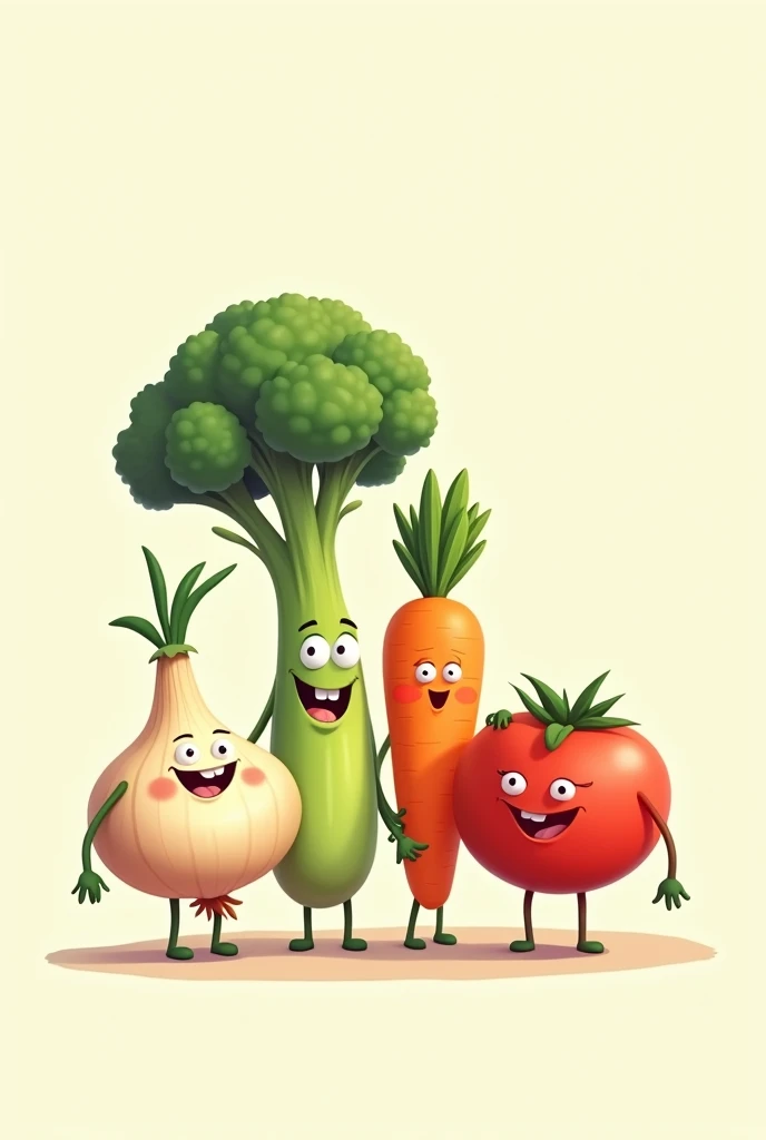 An onion, broccoli, carrot and tomato standing next to each other (it must be a 2 dimensional cartoonish image)