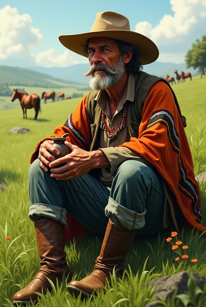 Old gaucho sitting drinking mate in a green field with horses