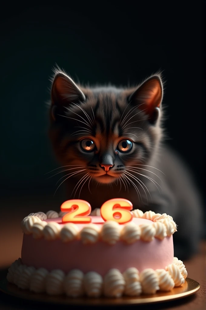 Black kitten with a birthday cake with the number 26 , with black background
