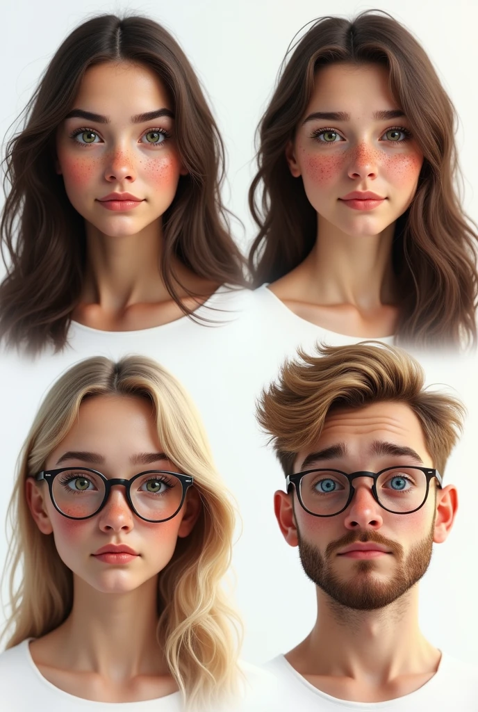 (photorealism:1.5)profile of a beautiful young woman with long dark brown hair, green eyes, and a lot of freckles. another profile of a young woman with long brown hair, brown eyes and some freckles. another profile of a young pretty woman with straight long light blond hair, blue eyes and glasses. The last profile is of a young masculine chubby man with short kind of buzzcut blond hair, blue eyes, glasses and a beard. faces are looking into the camera, pretty small and loosely arranged on a white background