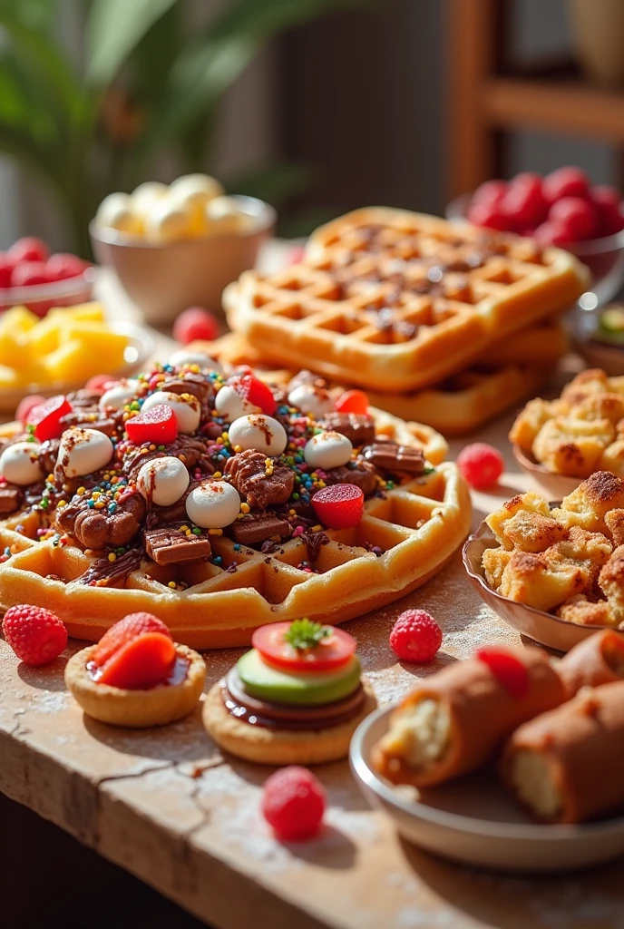 It would be an image with a table full of snacks which would be: Waffles with Nutella chocolate and colored sprinkles, gelatin with gummies, Strawberry, marshmallow and chocolate skewers, Creole potato with sausage and sauce, mini sandwiches, and avocado canape