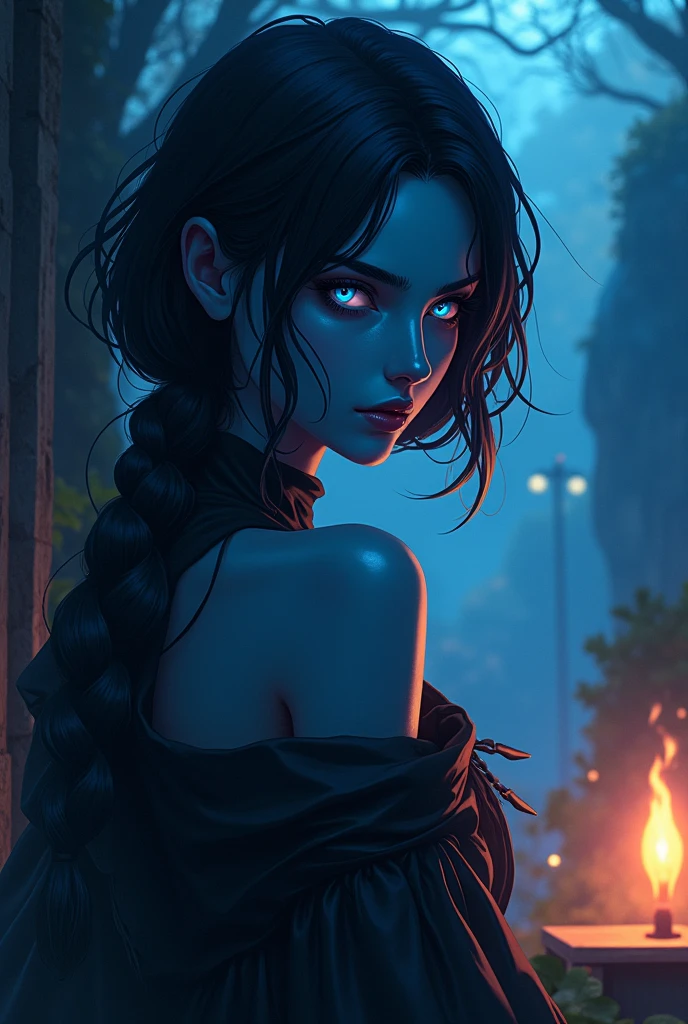 Apparition, Solitary, Blue skin, Romanian ethnicity, Rich colors, Rich in details, portrait photo, Black Hair, blue eyes, shadow, lamp, land, 8K, HDR, Anime style, Completely realistic, full body photo, hot , very hot, Endless