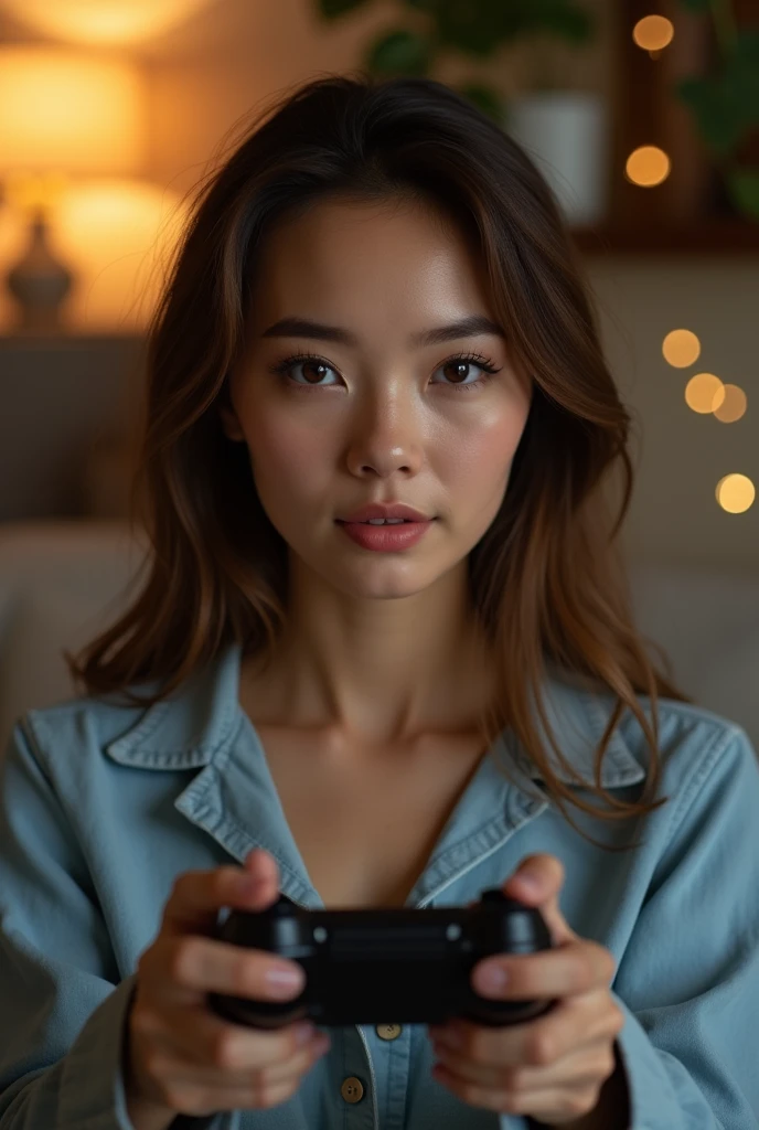 8k, masterpiece, RAW photography, top quality, photorealistic. The focus is on a classy and exciting young woman with symmetrical features, perfect dimples, and delicate, harmonious facial features. Brown hair. Nice nekline, playing video game on a sofa.