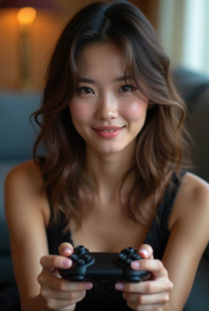 8k, masterpiece, RAW photography, top quality, photorealistic. The focus is on a classy and exciting young woman with symmetrical features, perfect dimples, and delicate, harmonious facial features. Brown hair. Nice nekline, playing video game on a sofa.