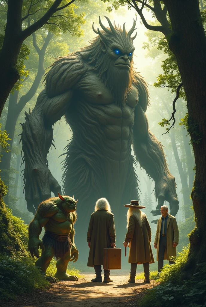 Large tree Ent standing with an orc, a goblin, and wizard with long white hair and beard in the forest with light shining through the trees, facing a tall slender male with a long trench coat and holding a brown suitcase