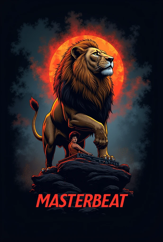 Logo for a DJ that says MASTERBEAT and in the background is the conquering lion taking care of a DJ 