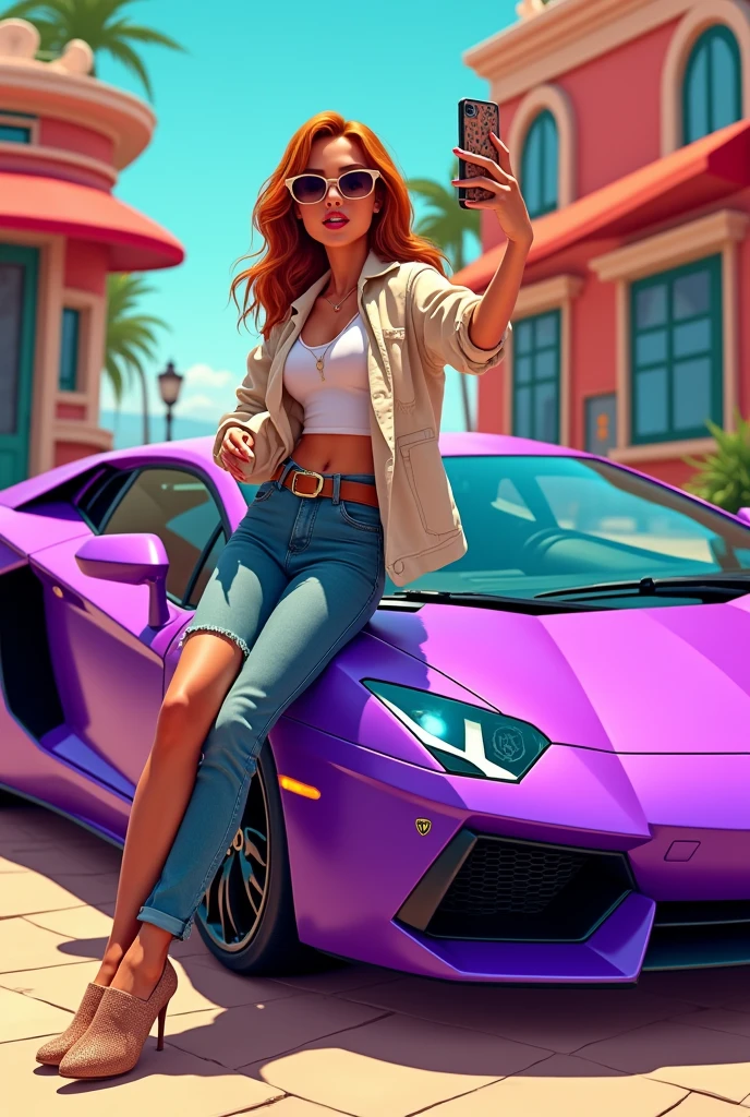 Make a music cover with the following information:
cartoon 2000s drawing It has to have a purple lamborghini and a woman with an iphone