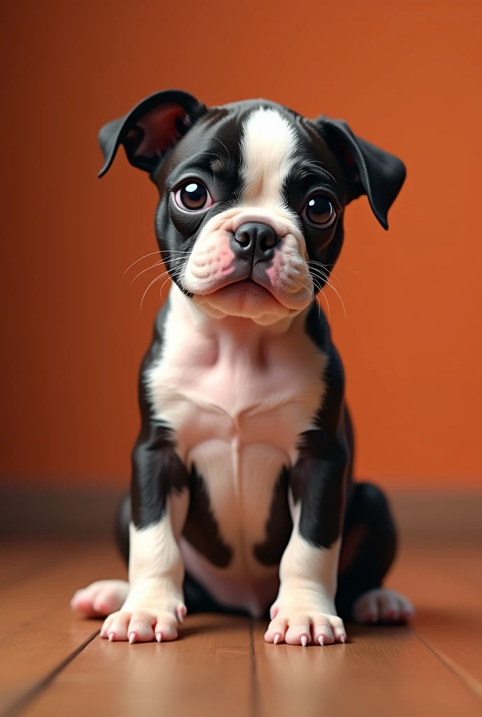 a chubby boston terrier dog, cute and funny expression, mischievous look, sitting on the floor, adorable puppy, playful, (best quality,4k,8k,highres,masterpiece:1.2),ultra-detailed,(realistic,photorealistic,photo-realistic:1.37),detailed fur texture, warm lighting, vibrant colors, studio lighting, 3d render, highly detailed, adorable, cute, playful, mischievous, humorous, adorable face, big eyes, button nose, wrinkly forehead, floppy ears, fluffy body, short stubby legs