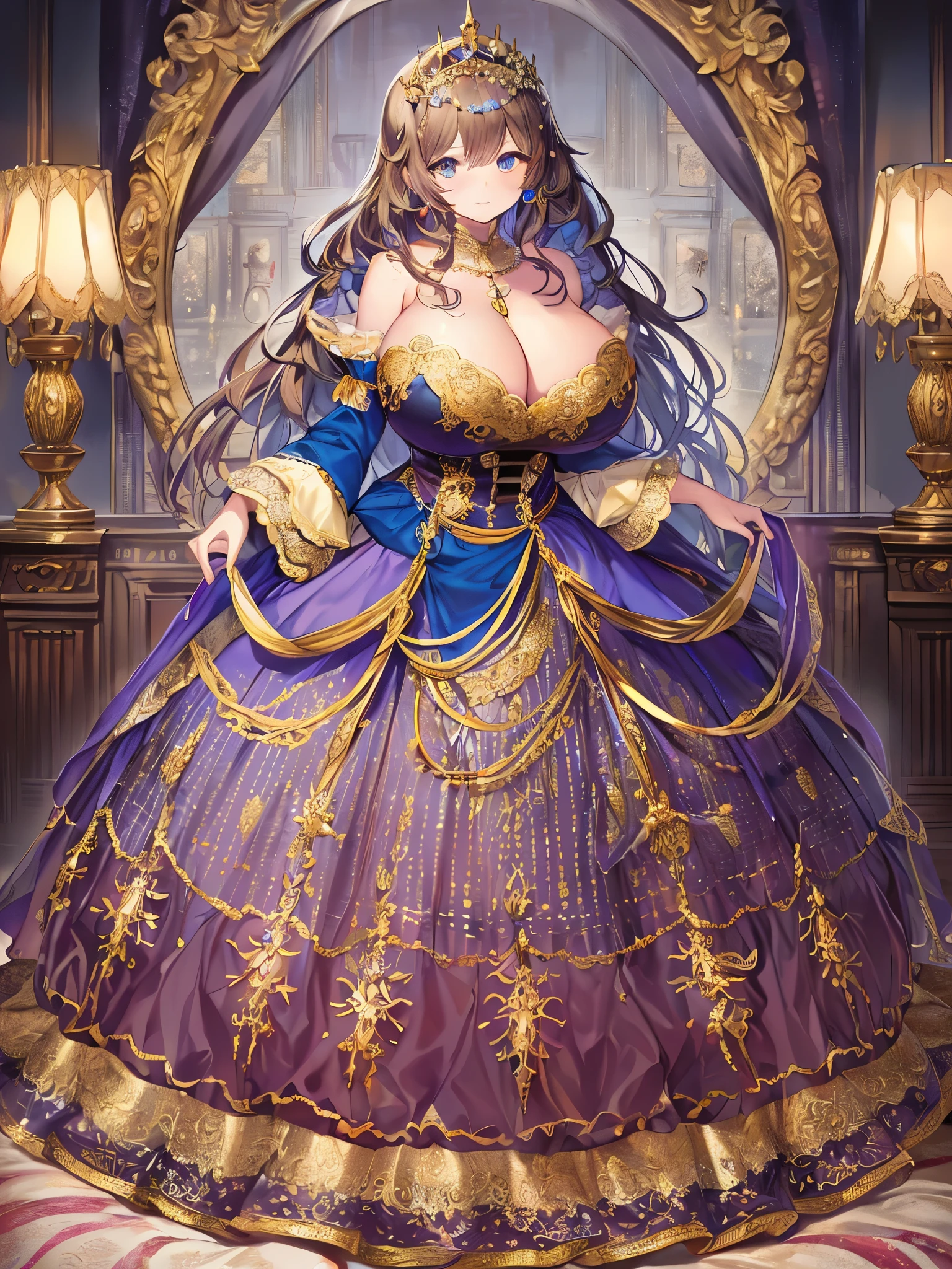moe anime artstyle,Masterpiece,Best Quality,Super Detail,(Very Delicate and Beautiful),Solo,full body,((full body)),absurdly gigantic breast,(((1 princess in beautiful embroidery and jeweled gorgeous rococo ballgown with voluminous full length crinoline hoop skirt))),(((absurdly gigantic tits,absurdly gigantic breast))),deep cleavage,curvy,Skindentation,((detailed face and eyes)),jewel-like eyes,((crinoline,long train)),beautiful embroidery and jeweled rococo ballgown with voluminous full length crinoline hoop skirt,voluminous rococo ballgown with voluminous full length crinoline hoop skirt,((bling-bling voluminous rococo princess ballgown with voluminous full length crinoline hoop skirt)),((absurdly long Straight hair)),extremely gorgeous hair ornament,((extremely gorgeous big tiara)),luxurious jewelry,(((beautiful embroidery and jeweled gorgeous rococo ballgown with voluminous full length crinoline hoop skirt))),(absurdly gigantic tits,absurdly gigantic breast),(((indoor,bedroom))),Looking at viewer,((full body))