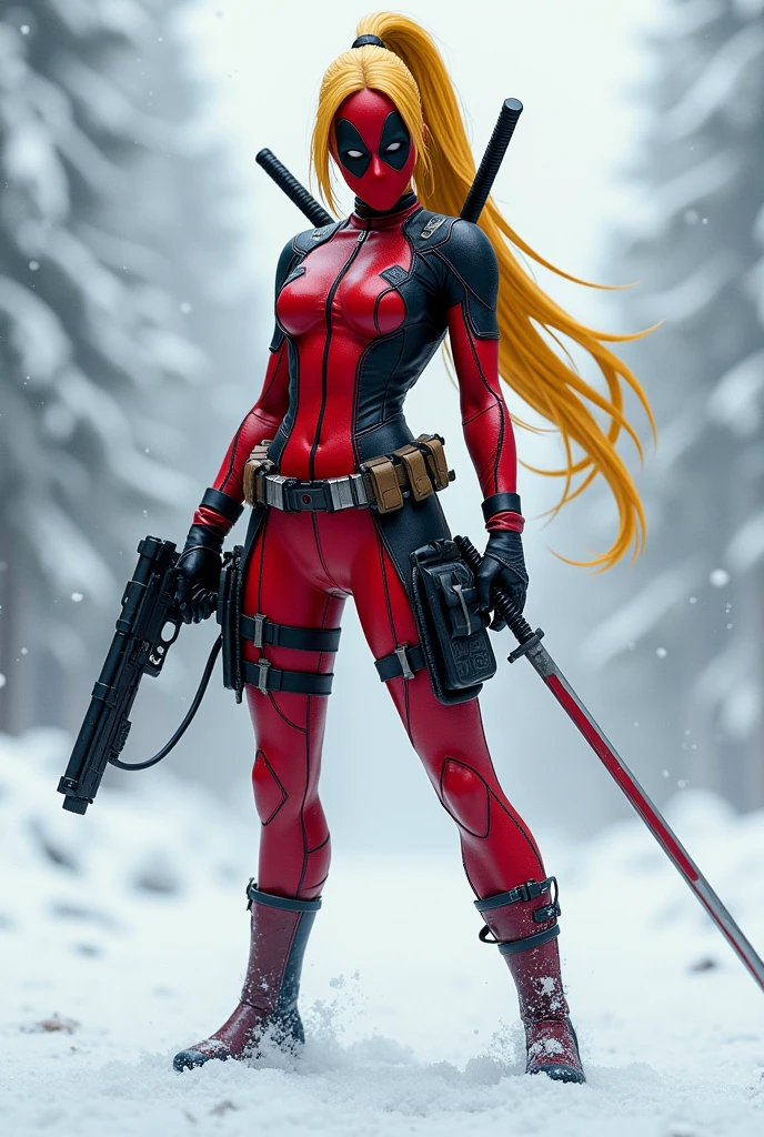 female, Deadpool with two katanas, with red and black suit, full body, lora:more_detail:-9>, lora:more_details:-1.5<, fondo the snow, hair yellow only one tail, gun in hand,