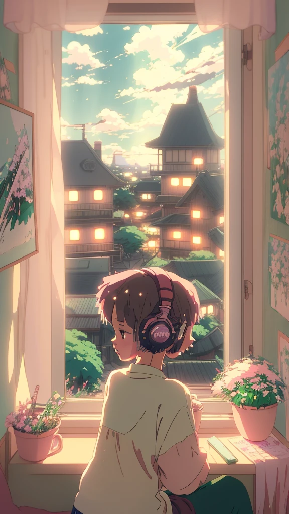 Anime style, (dreamlikeart), (soft focus), cozy room setting, girl with headphones, [(Lofi beats:1.3)|ambient music], (anime art), [(cherry blossoms|bookshelf:0.5)], [reflective surface:0.8], [(pastel colors:1.2)|subdued tones], [(attention to details:1.1)], [illustration:0.7], [(Studio Ghibli style:1.4)], (anime character design), [window light], [(subtle shadows:0.9)], [(subdued atmosphere:1.2)|calm ambiance], [(trending on Pixiv:1.2)], [(anime community approved:1.1)], [(Anime Expo:1.3)], [ethereal glow], [(focus on eyes:1.1)], [(character illustration:0.8)], [(soft artstyle)], [(nostalgic feeling:1.2)], [(character sitting:0.7)], [(artistic details:1.1)], [(melancholic mood:1.3)], [(attention to clothing details:1.2)], [(hair flow:1.1)], [(unique headphones design:1.2)], [(vivid background elements:1.1)], [(anime genre:lofi:1.4)], [(trending on DeviantArt:1.1)], [(inspired by Makoto Shinkai:1.2)], [(cyberpunk infusion:0.9)], [(rainy day vibe:1.2)], [(subtle bokeh:1.1)], [(anime girl pose:0.9)], [(artistic expression:1.2)], [(harmony in color palette:1.1)], [(wistful mood:1.2)], [(detailed room decor:1.1)], [(trending on ArtStation:1.1)], [(illustration challenge entry:1.3)] , 1girl