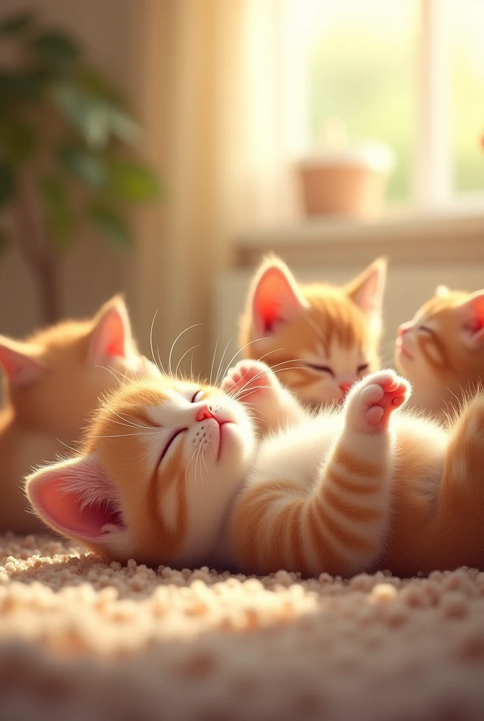 Very cute kitten、Very cunning pose、Lie down and stretch、Lying on your back、Looks sleepy、Full of kittens、Warm Sunshine