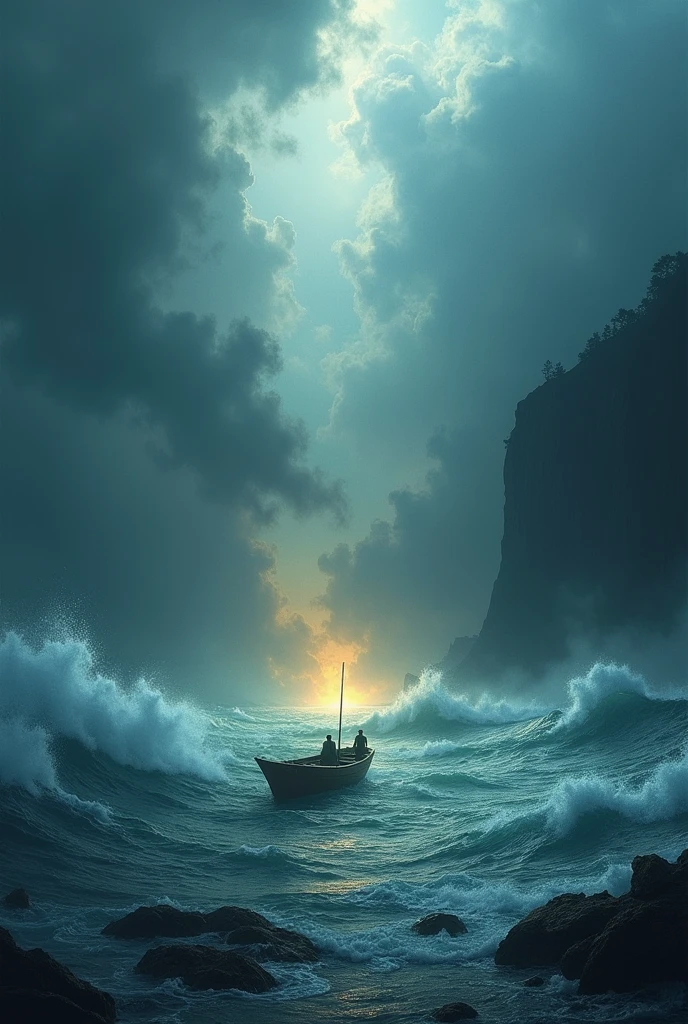 A stormy sea with towering waves and a small boat anchored safely in a calm bay. The boat is illuminated by a warm light, symbolizing the peace and safety that faith in God provides amidst life’s storms -ar16:9.