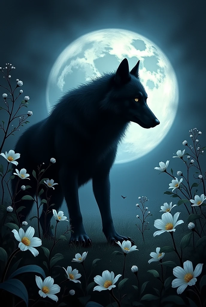 A book cover with the shadow of a werewolf and lilies of the valley at night 