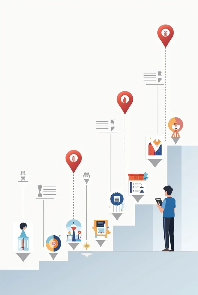 Create an image that illustrates a timeline with year milestones, Use graphic elements such as city icons or pinpoints.