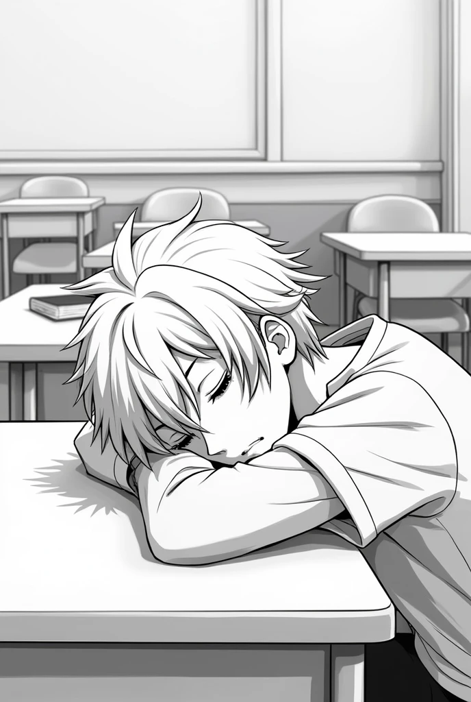 Black and white 2d anime drawing of age man sleeping in classroom with hair sticking up