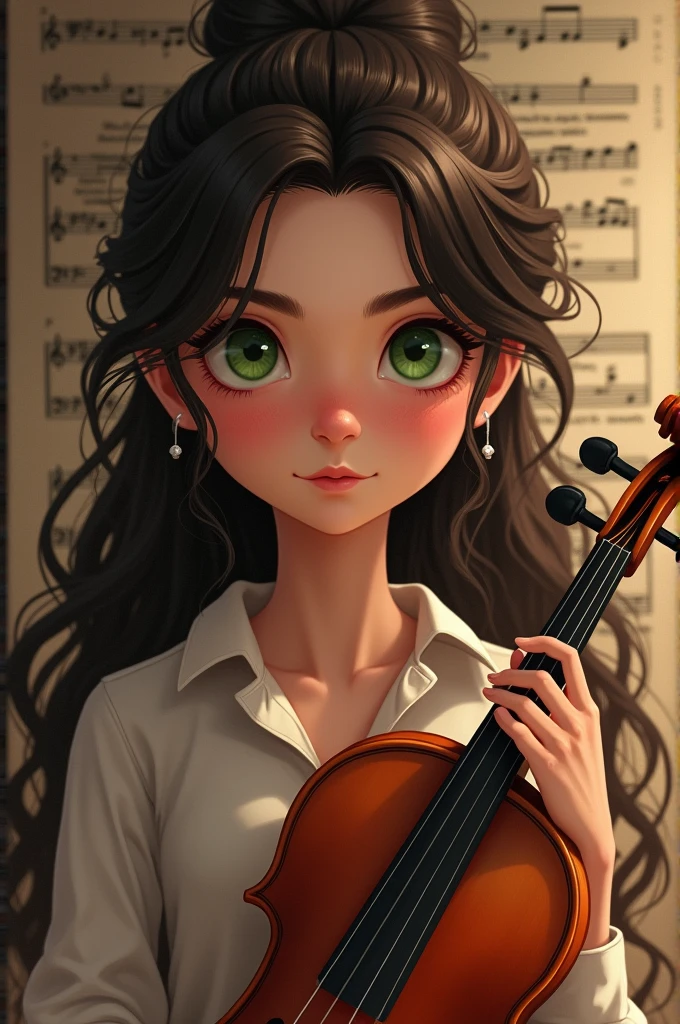 Lara is 2 and has long, wavy, dark brown hair., which she usually wears loose or tied up in a messy bun during rehearsals. Your eyes are green, expressive and slightly almond-shaped. She is of average height, with about 1,65m, and has a slender and delicate physique, result of years of dedication to music and daily violin practice.